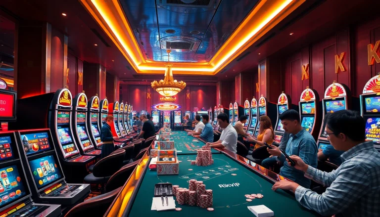 Players engaging in exciting games at Rikvip online casino, featuring vibrant tables and sleek slot machines.