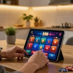 Player placing a bet using the LV88 casino app on a tablet in a cozy home setting