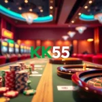 Exciting online gambling scene featuring nhà cái KK55 with poker chips and slot machines.