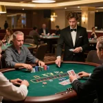 68win blackjack players making strategic moves at an upscale casino table, bright illuminated atmosphere.