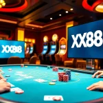 Gambling scene with vibrant casino elements featuring XX88.vin logo, capturing excitement.