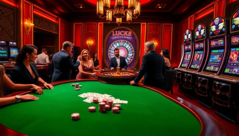 Engaged players experiencing LUCK8 Casino with vibrant poker tables and slot machines.