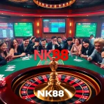 Engage with thrilling games at https://nk88s.com/ featuring poker chips and a roulette wheel in action.