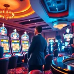 Exciting gaming atmosphere at WEB DIRECT SLOT888 with vibrant slot machines and stylish players.