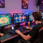 Gamer interacting with 32win.com displaying casino games and sports betting options in a vibrant gaming setup.