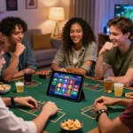Friends enjoying an exciting game night using TV88 nhà cái uy tín on their tablet, showcasing vibrant online gambling atmosphere.