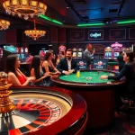 Players enjoying casino games at 188bet, featuring poker tables and roulette wheels in a vibrant setting.