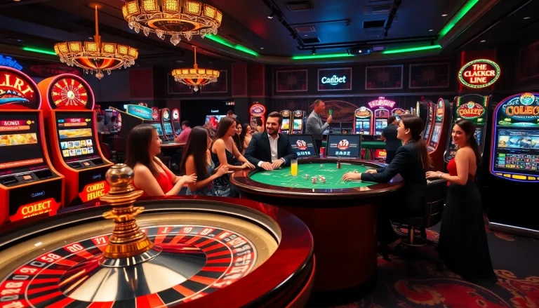 Players enjoying casino games at 188bet, featuring poker tables and roulette wheels in a vibrant setting.
