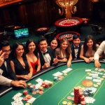 Engaged players celebrating their wins at the 13win casino table, experiencing luxury and excitement.