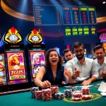 Putar mesin slot yang berwarna-warni, menampilkan permainan bertema Zeus dalam lingkungan kasino yang menarik.