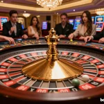 Experience the thrill of betting at bdtk66.one with an exciting roulette wheel spinning amidst a luxurious casino atmosphere.
