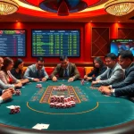 Agen Judi Bola players engaging at a luxurious casino poker table filled with chips and cards.