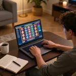 Engaging gaming experience at trang chủ 45678 with player focused on online slots interface in a cozy home environment.