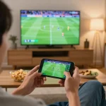 Engaging in kèo trực tuyến while enjoying a football match from home, capturing strategic betting moments.