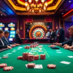 Excited players at Thabet casino table, engaged in poker with vibrant chips and cards.