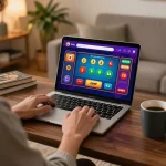 GEMWIN player using laptop for live dealer games in a cozy home setting