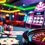 A vibrant scene depicting game bài đổi thưởng uy tín with poker chips, cards, and a roulette wheel.