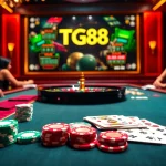 Experience excitement at TG88 casino with vibrant poker chips and a roulette wheel.