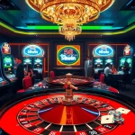 Excited players engage at the luxurious 58win casino, featuring a vibrant roulette table.