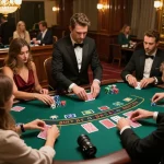 Engaged players at https://rr888.shopping/ placing bets at an elegant baccarat table in a luxury casino.