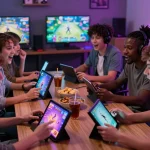 Engaging gaming experience with players immersed in various sex games on tablets and phones.