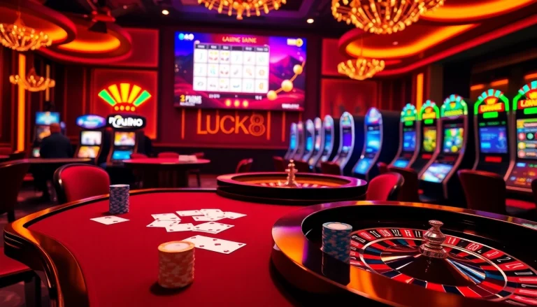 Experience the thrill of LUCK8 at a luxurious casino table with vibrant poker chips and exciting roulette action.