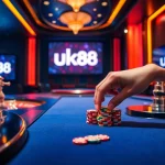 A vibrant casino scene showcasing excitement at nhà cái uk88 with poker chips and a spinning roulette wheel.