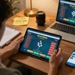 Tài xỉu online gaming scene with a player engaging on tablet, showcasing betting strategy.