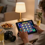 Player enjoying MM88.COM slot game on a tablet in a cozy home setting