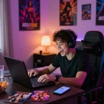 Engaging gaming scene showcasing porngames on a laptop with colorful decor.