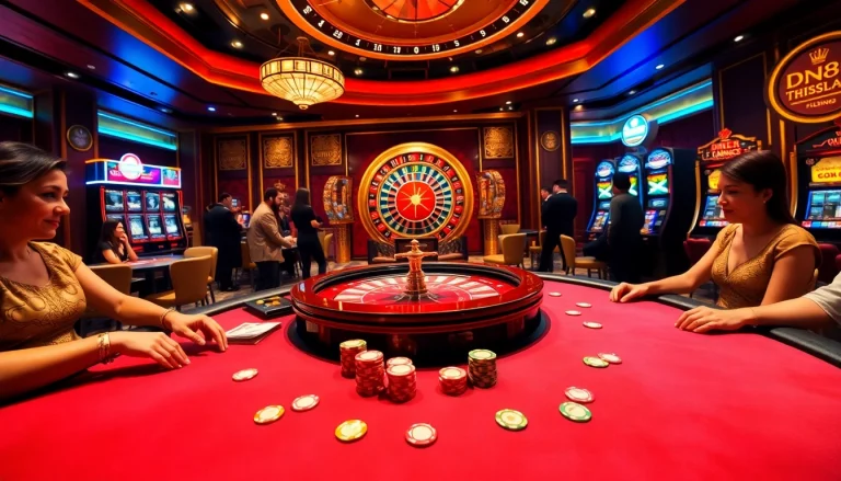 Exciting gaming scene at DN88 casino with vibrant poker table and roulette wheel.