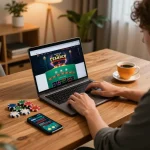 A player engaging with blackjack game on a laptop for 45678 online casino setup.