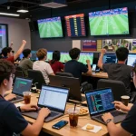 Exciting sportsbook environment with bettors engaging in kèo nhà cái and live match updates.