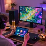 Engaging player using TR88 app on tablet in a cozy gaming environment