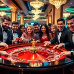 Experience the thrill of juragan77 at a luxurious casino with vibrant roulette tables and eager gamblers.
