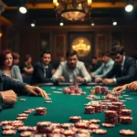 Engaging scene of players at a poker table in 18vip casino, showcasing intense gameplay.