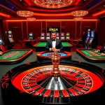 Daga casino scene showcasing a vibrant roulette table with elegant players and colorful slot machines.