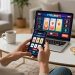 Engaging in mobile gambling with kk vin app on smartphone in a cozy living room setting