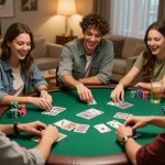 Friends enjoying a home poker night with engaging gameplay featuring 68win strategies.