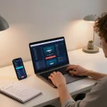 F8BET live betting in a modern gaming setup with laptop and smartphone interface