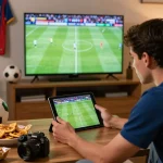 Football fan engaged with Nowgoal live scores on tablet, vibrant home atmosphere.