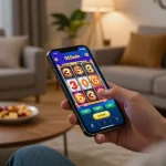 Player enjoying 555win mobile casino app in cozy home setting, engaging with slot game on smartphone.