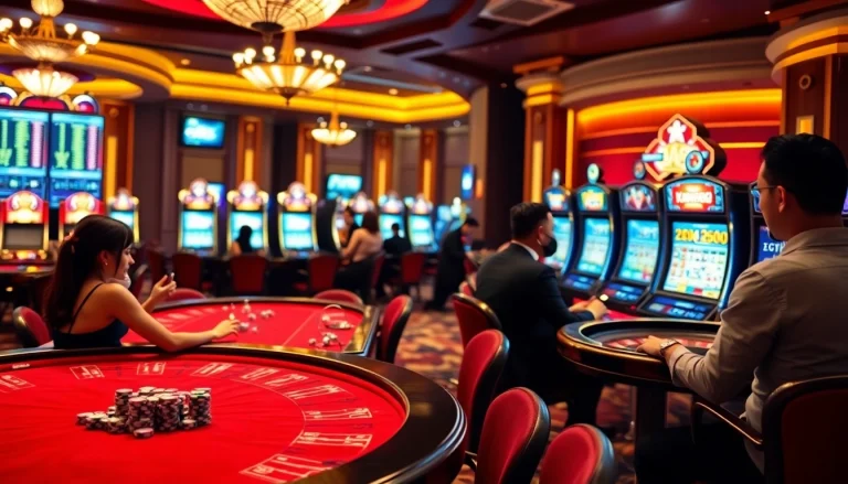 Players enjoying thrilling games at XX88 casino, surrounded by vibrant tables and slot machines.