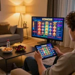 KONG88 player engaging with online casino games at home, showcasing vibrant gaming interface and comfortable setup