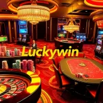Luckywin casino scene featuring vibrant roulette wheels and poker chips in an upscale gaming establishment.