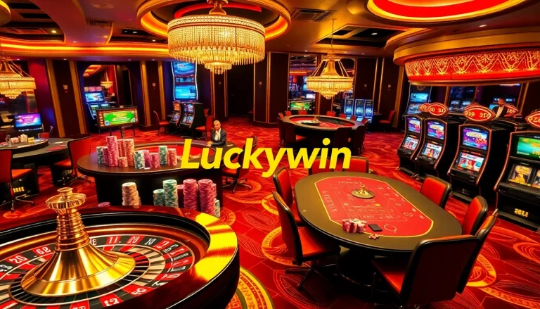 Luckywin casino scene featuring vibrant roulette wheels and poker chips in an upscale gaming establishment.