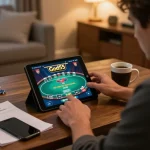 Gambler engaging with God55 app on tablet showcasing poker game, cozy home atmosphere.