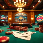 KONG88 players enjoying a thrilling poker game surrounded by luxurious casino decor and vibrant gaming elements.