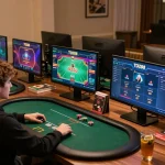 Engaged player at TO288 online casino, focused on poker gaming strategy on multiple screens.