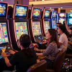 Players enjoying dewa slot games amidst flashing slot machines in a vibrant casino environment.